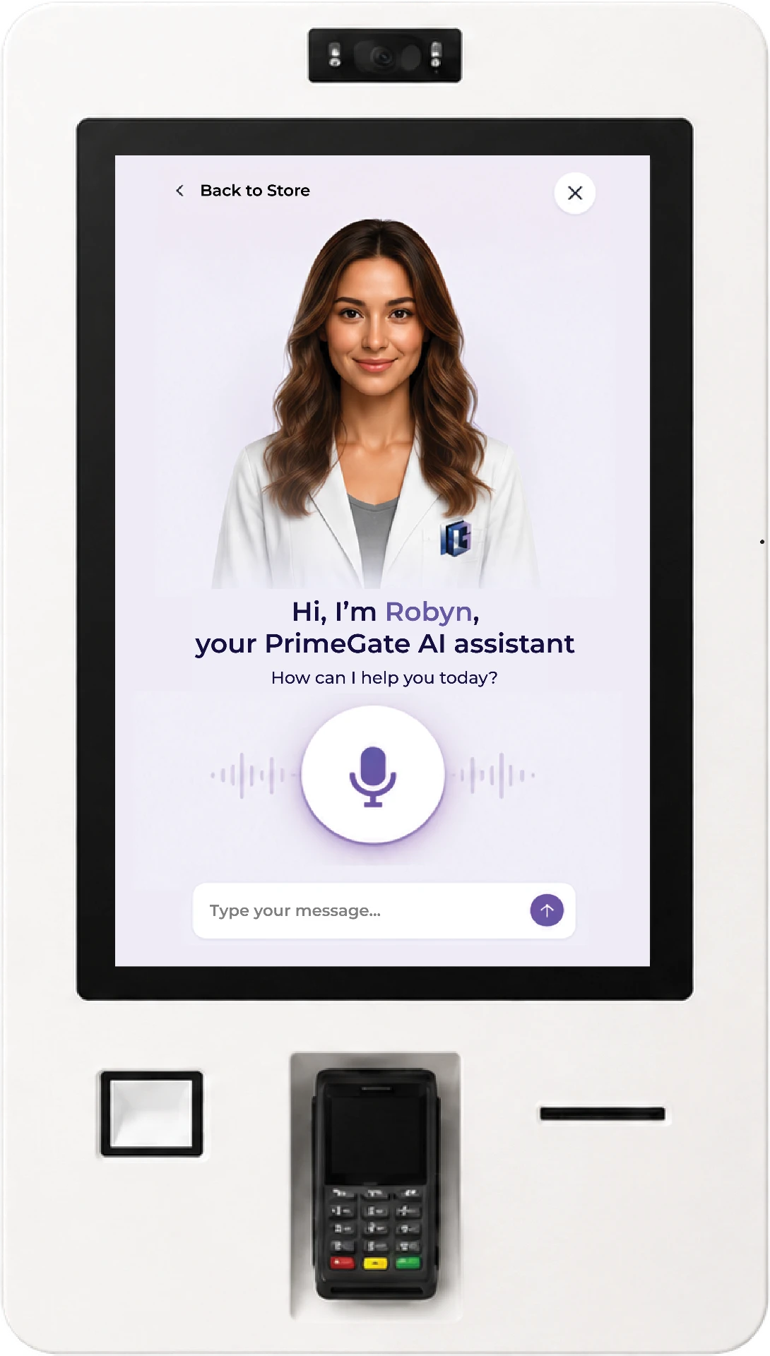PrimeGate kiosk featuring Robyn, the AI shopping assistant